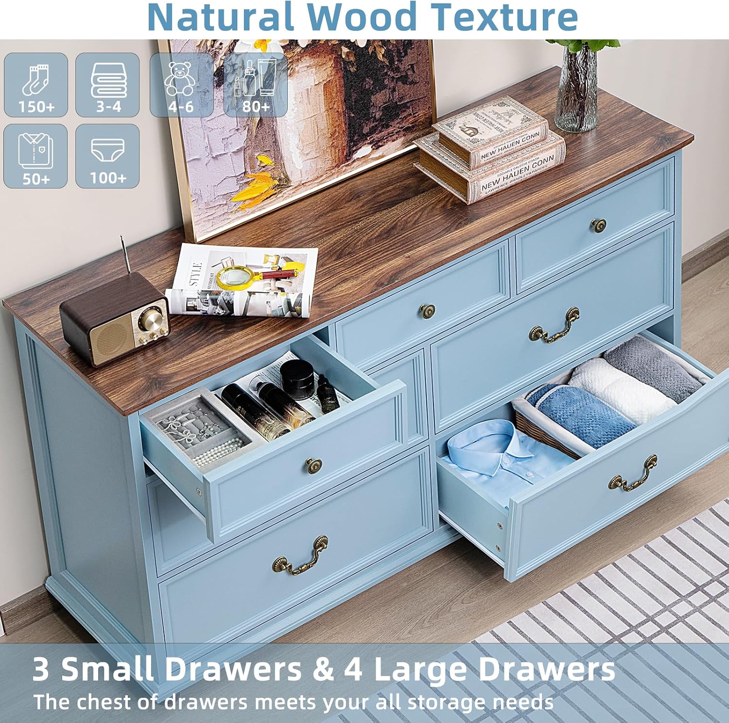 Joaxswe Farmhouse Dresser and Nightstand Sets 3 Piece, Nightstands Set of 2 and 7 Drawers Dressers for Bedroom, 54' Wide Dresser and 24' Inch Night Stand Set for Bedroom, Living Room, Hallway