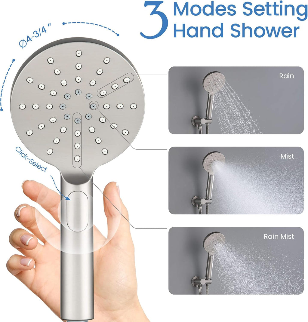 KIBI Circular Bathroom Shower System | 3-Function Wall Mounted Shower Faucet Set with Solid Brass Pressure Balanced Valve | Three Hand Shower Modes | 15-inch Long Shower Arm | Brushed Nickel (KSF404)
