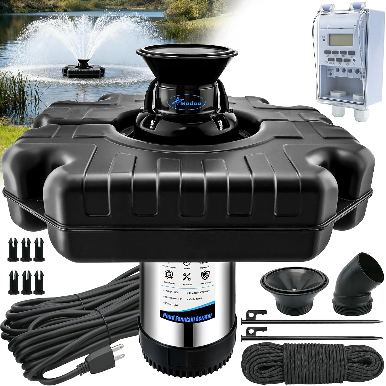 Pond Fountain Aerator, 1HP 750W Floating Fountain Aerator System for Outdoor Small Large Pond Lake, 110V 15000 GPH Fully Automatic Stainless Steel Fountain Pump with 100 Feet Power Cord