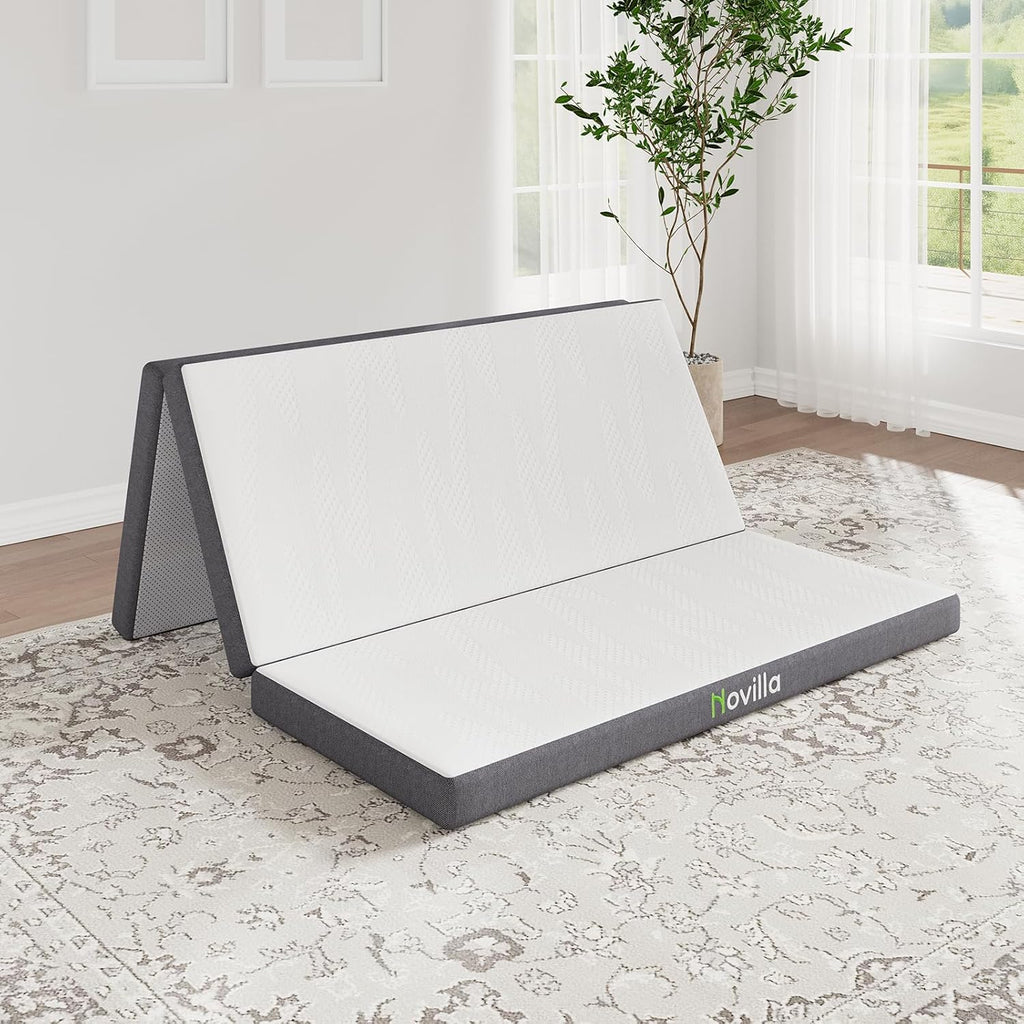Novilla Tri Fold Mattress Queen, 4 Inch Gel Foam Memory Foam Mattress, Portable Trifold Mattress with Zipped Cover for Yaga, Fodable Mattress, Easy to Storage, Queen Size