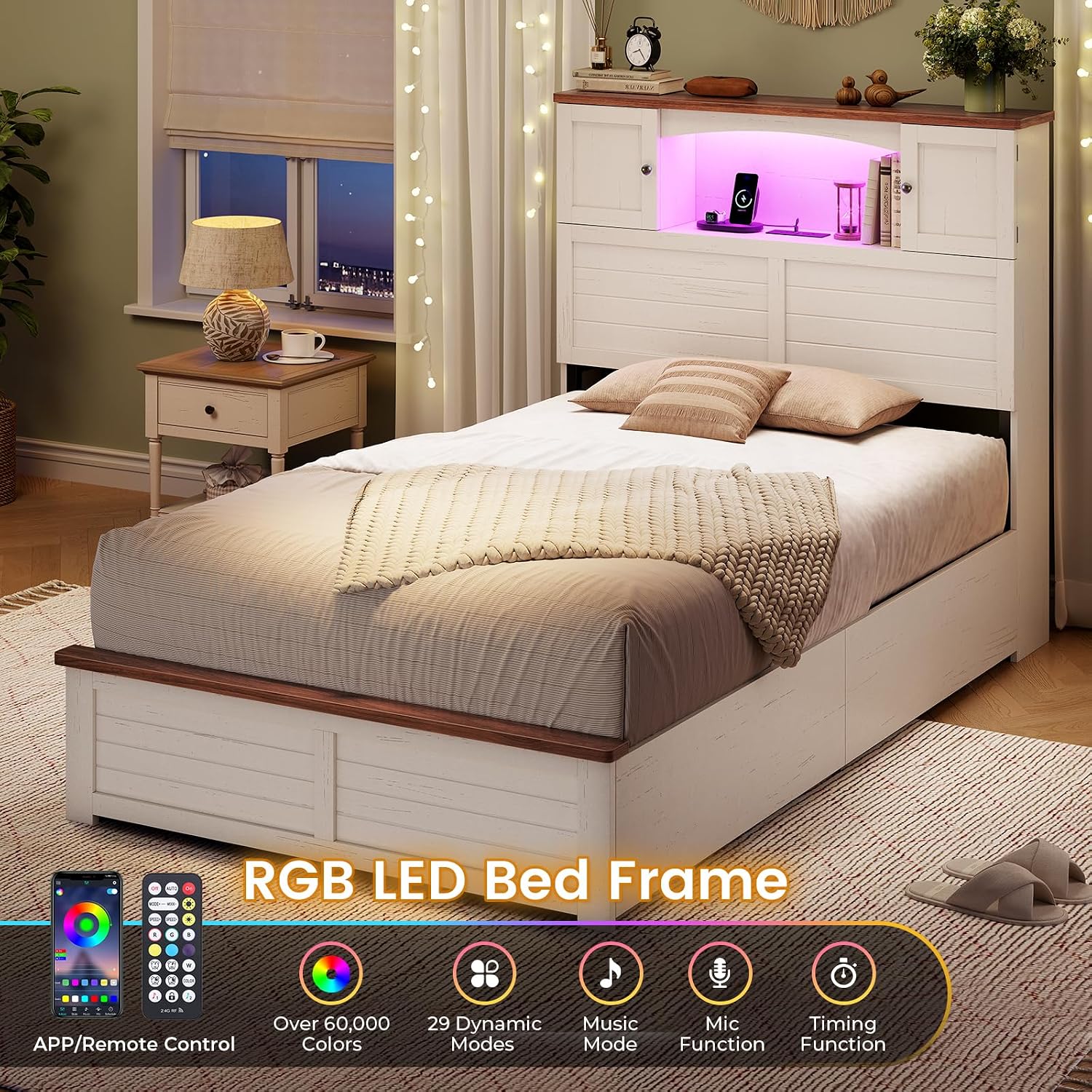 MSmask Farmhouse Bed Frame Twin Size with Bookcase and Storage Cabinets Headboard, Wood Platform Bed with LED Lights, Charging Station, 4 Drawers, Decoration Footboard, No Box Spring Needed, White