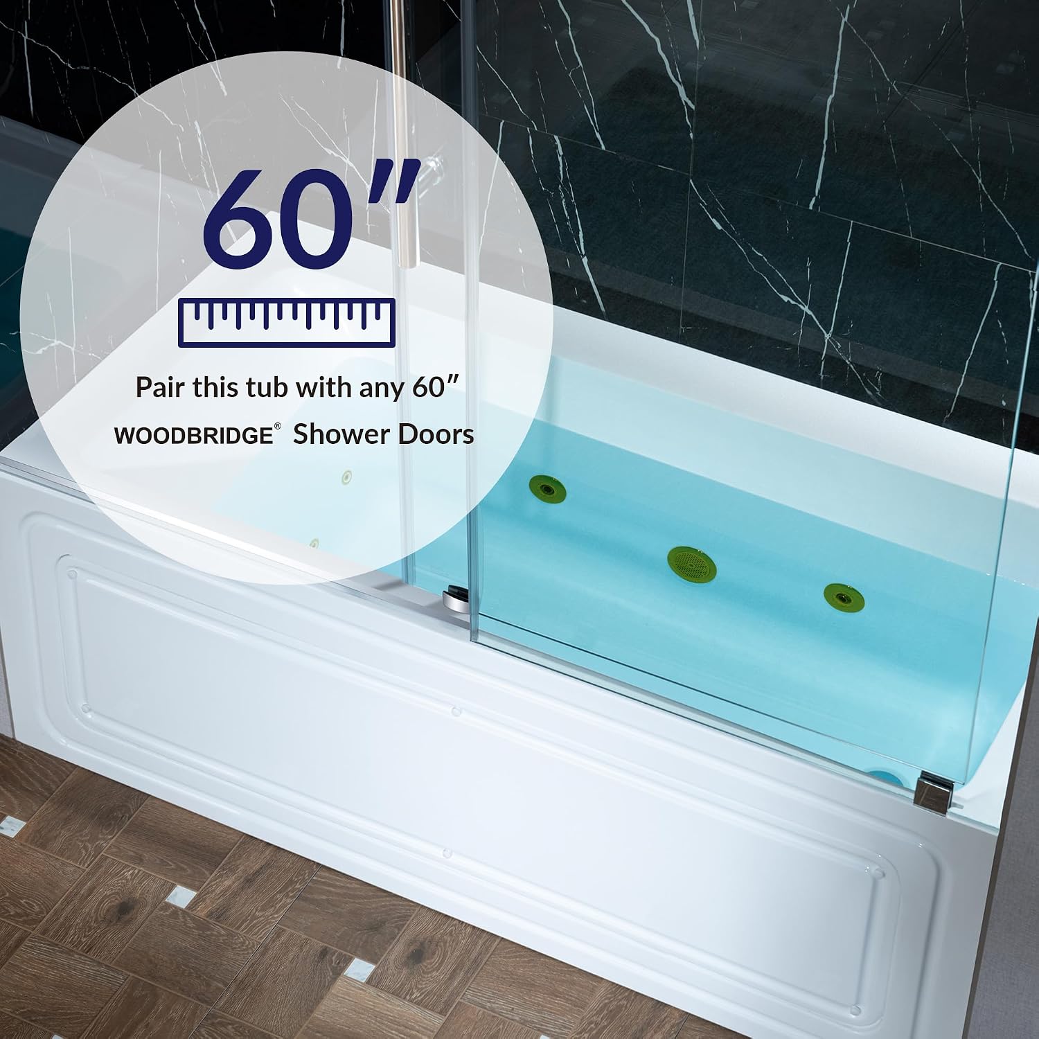 WOODBRIDGE 60' x 32' Alcove Acrylic Rectangular Whirlpool Heated Jetted Tub in White with right Drain, Brushed Gold Finish Trim and Drain Kit Included, BS667-R-BG03