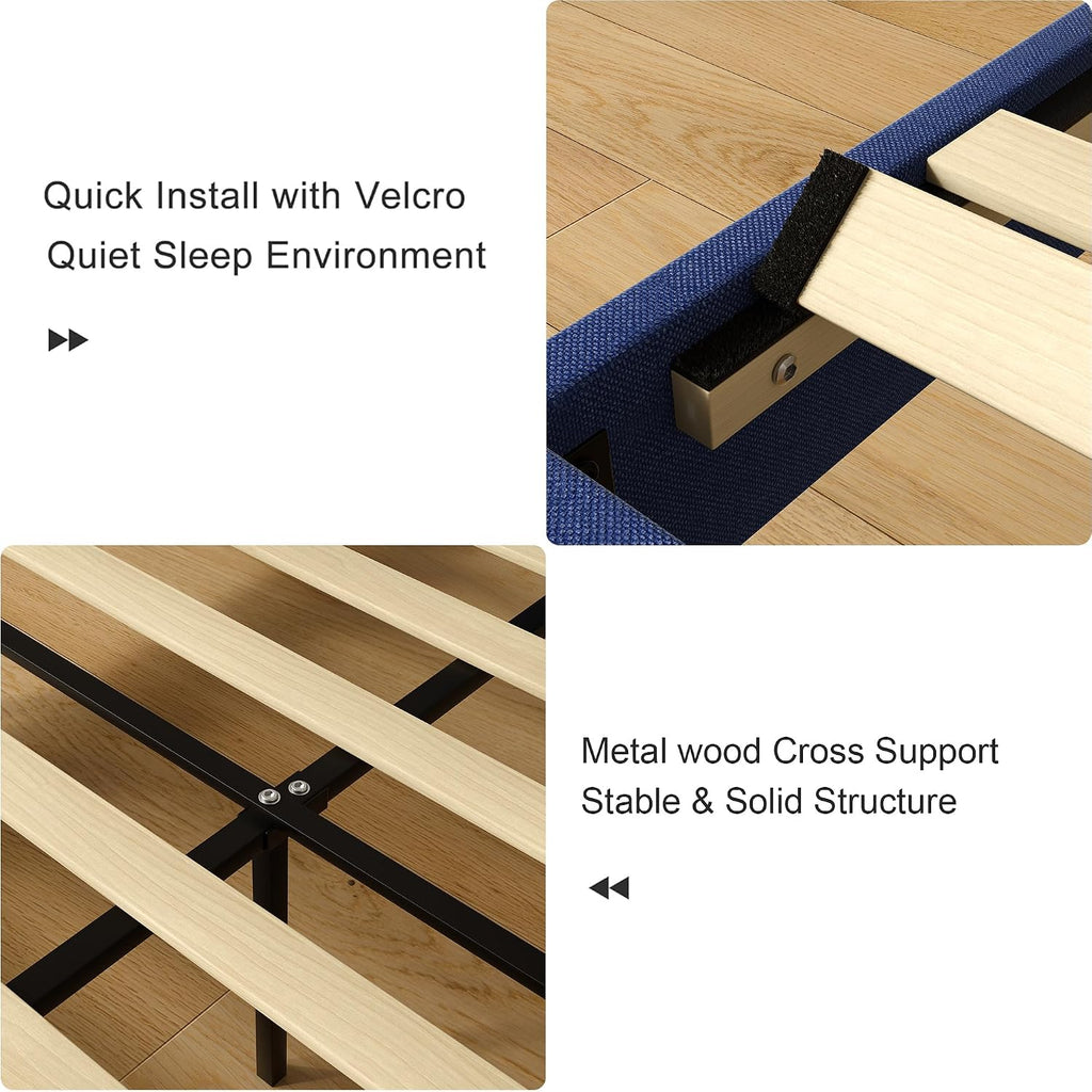 VECELO Twin Size Upholstered Platform Bed Frame with Adjustable Headboard, Wood Slat Support and Noise-Free, No Box Spring Needed, Easy Assembly, Dark&Blue