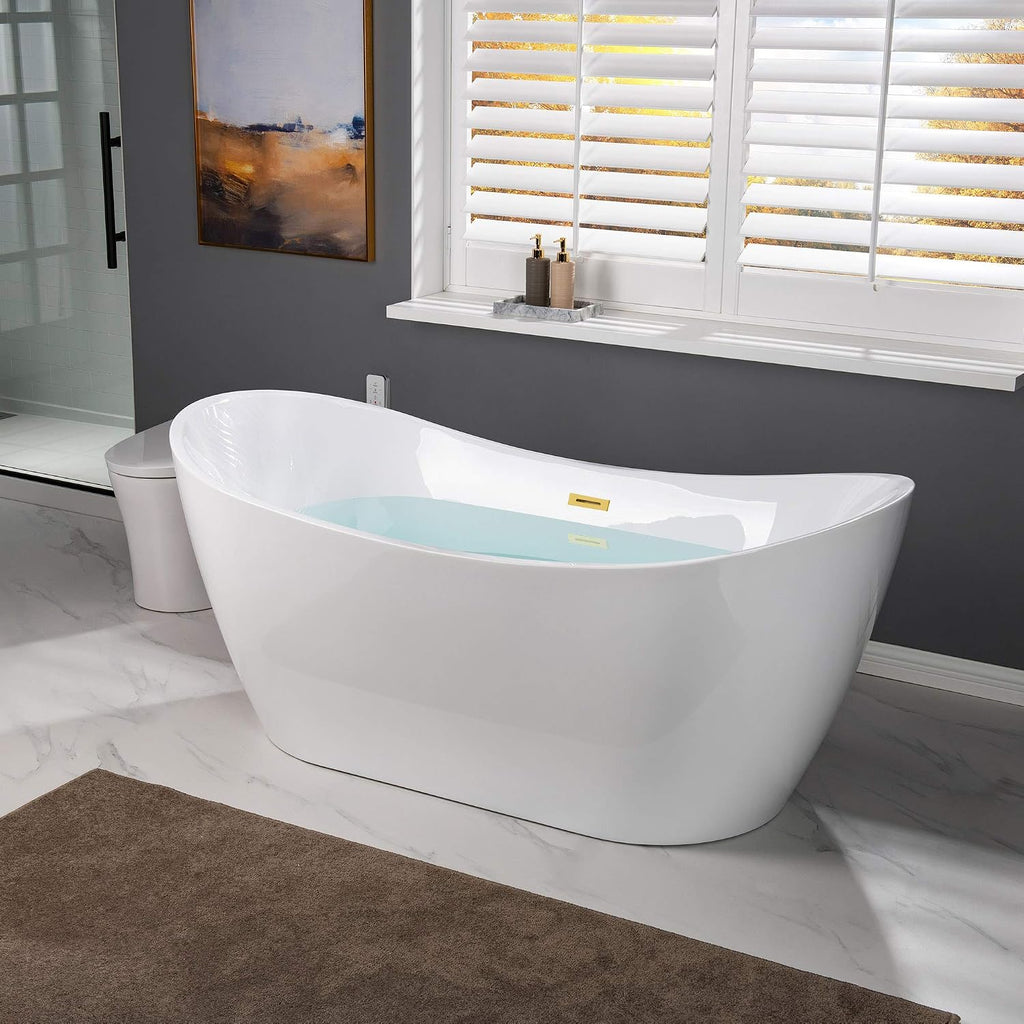 WOODBRIDGE 67' Acrylic Freestanding Bathtub Contemporary Soaking White Tub with Brushed Gold Overflow and Drain，B0010-BG