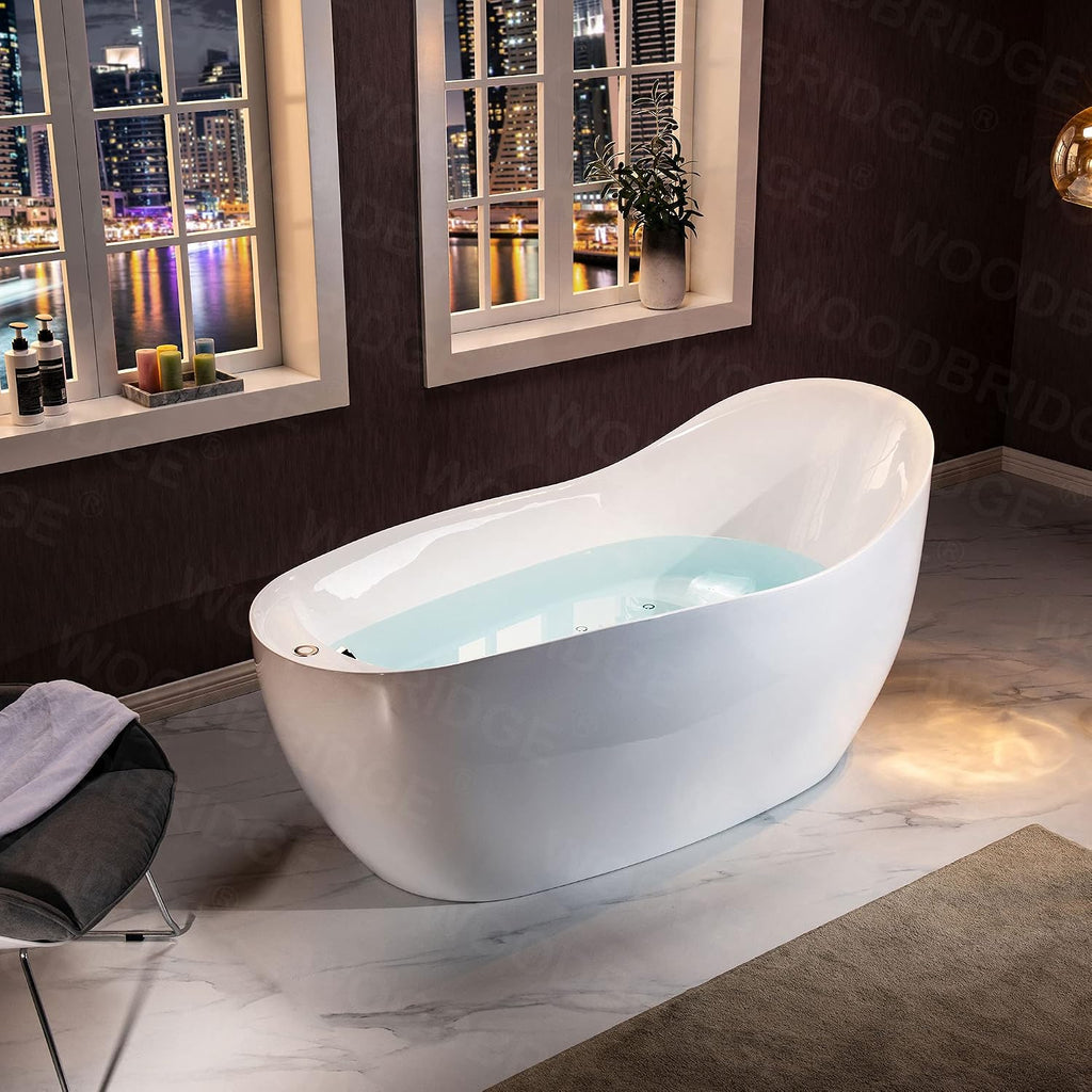 WOODBRIDGE 67' Acrylic Freestanding Bathtub Contemporary Soaking Chrome Overflow and Drain,White Air Bubble Tub