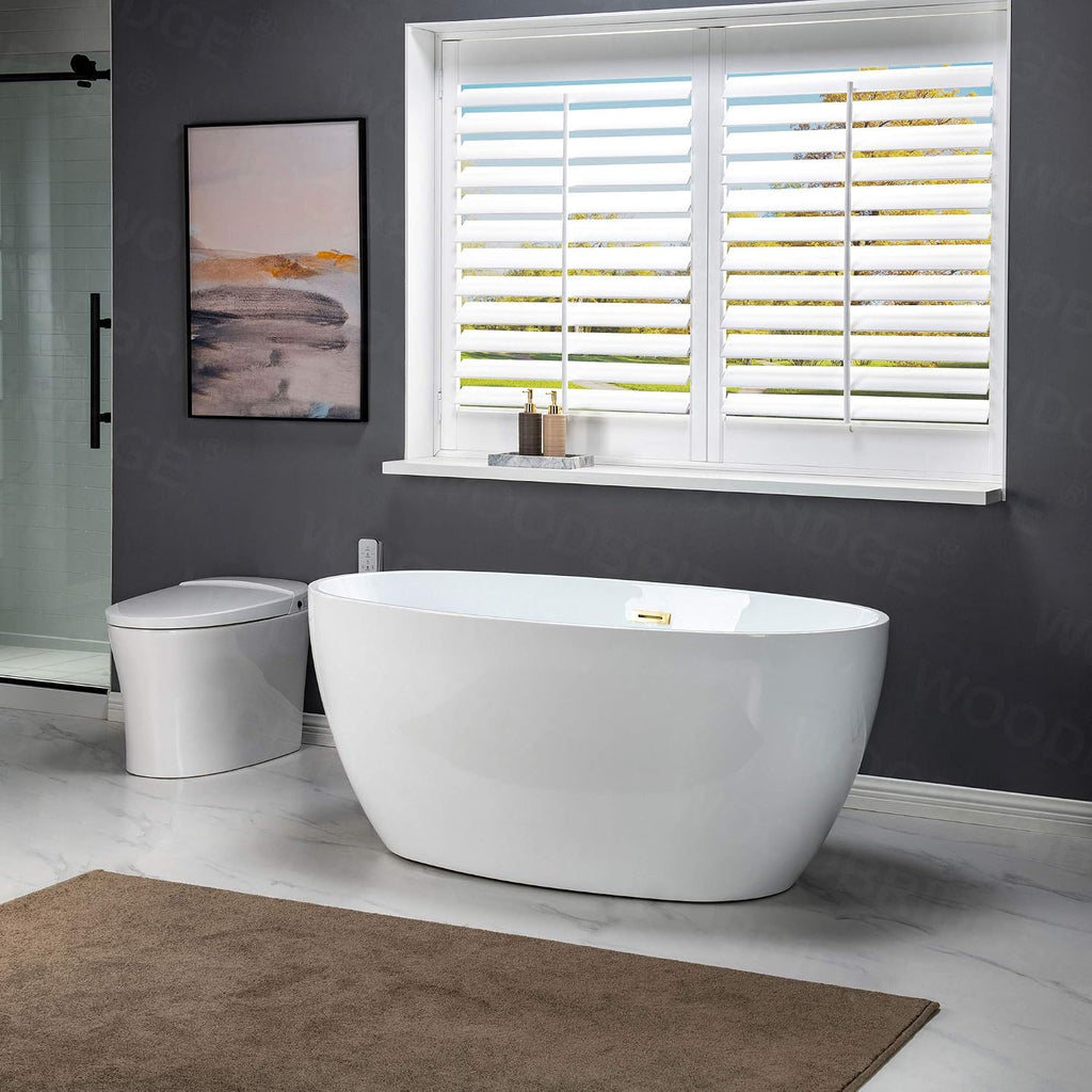 WOODBRIDGE 55' Acrylic Freestanding Bathtub Contemporary Soaking White Tub with Brushed Gold Overflow and Drain,B1418-BG