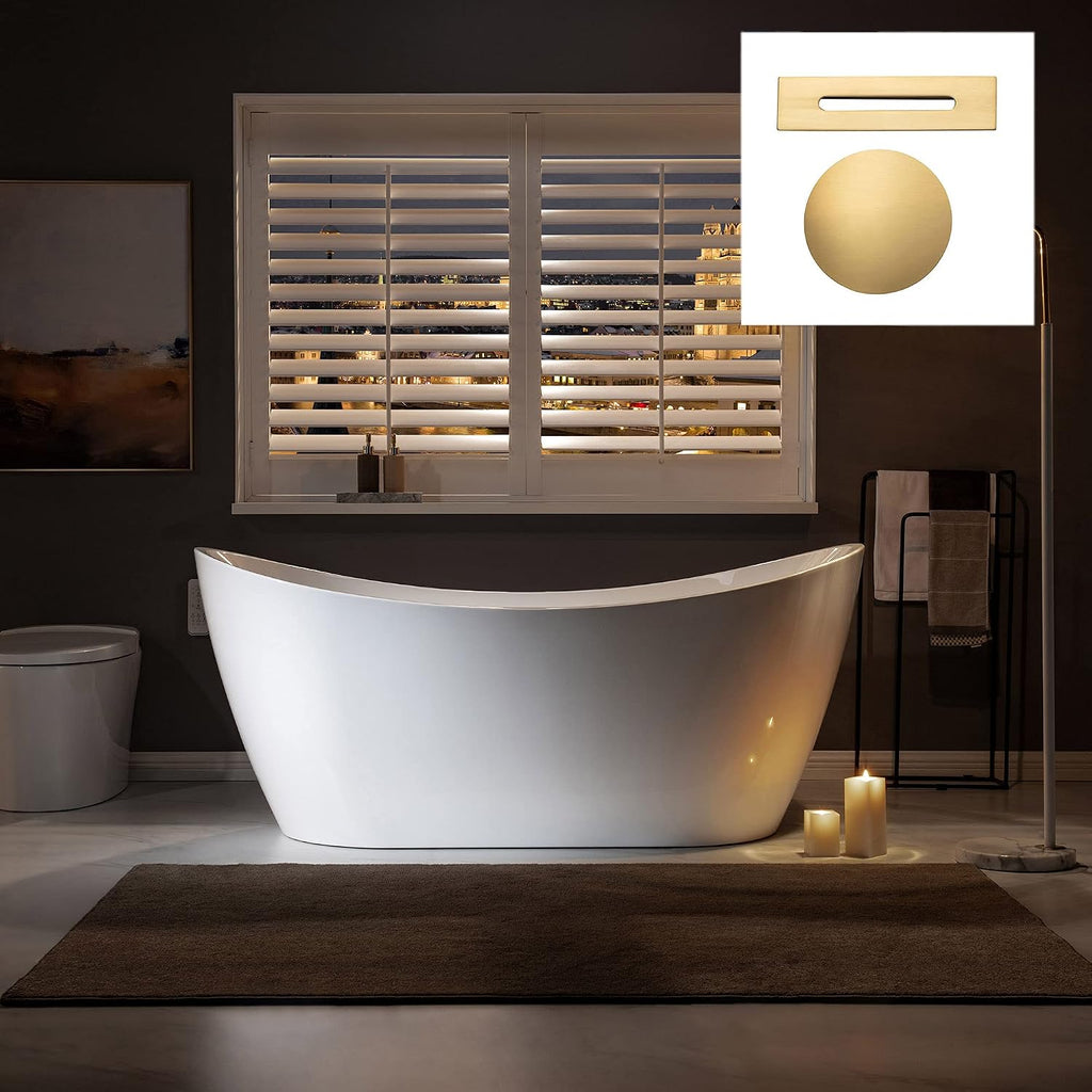 WOODBRIDGE 67' Acrylic Freestanding Bathtub Contemporary Soaking White Tub with Brushed Gold Overflow and Drain，B0010-BG