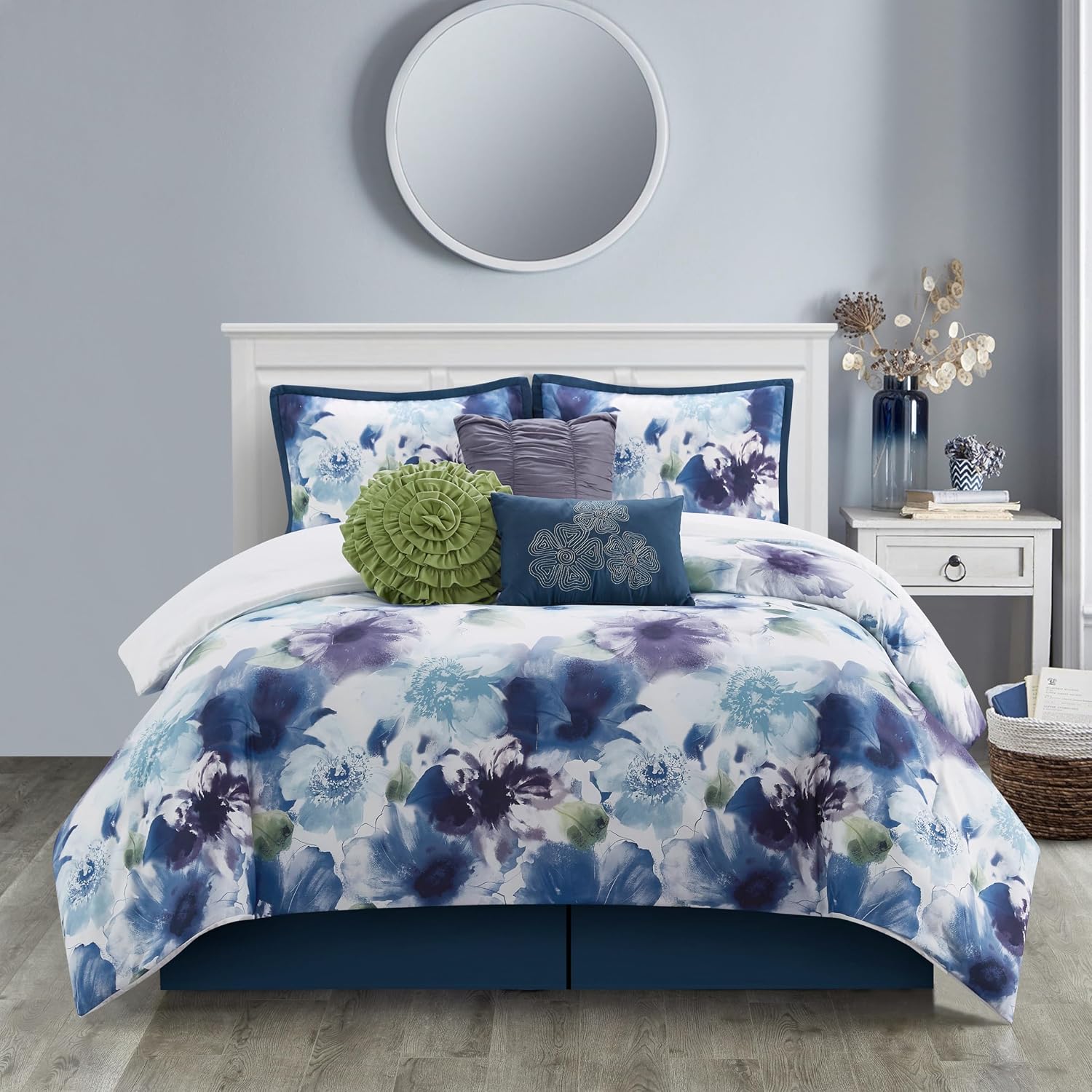 Grand Avenue Blue/Purple California King Comforter Set, 7 Piece, Ultra Soft, Premium Microfiber, Bedskirt, Pillows & Shams