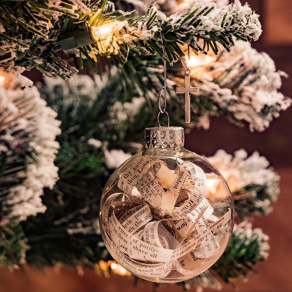 Rescued Antique Bible Glass Tree Decor & Christmas Ornaments with Silver Cross - Hanging Accessories For Home, Office, Church - Unique Gift for Friends, Family, Pastor (Pack of 10)