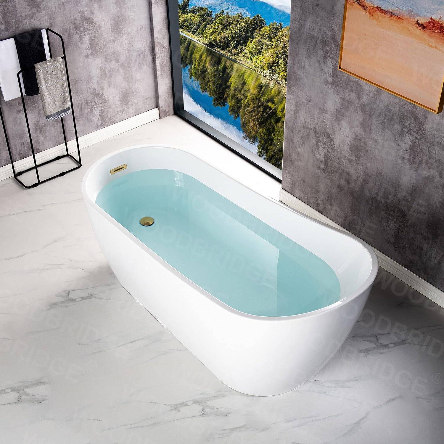 WOODBRIDGE 67' Acrylic Freestanding Bathtub Contemporary Soaking Tub with Brushed Gold Overflow & Drain,White,BTA-1508/B-0001-BG