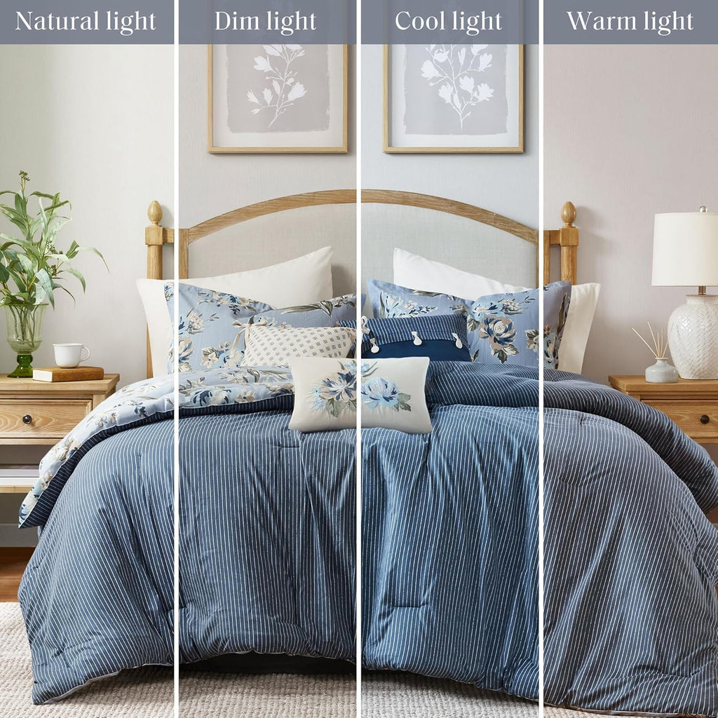 Madison Park Vintage Floral Reversible Comforters Set Queen Size Bed, All Season, Down Alternative Bedding Comforter, Bedskirt, Pillows, Shams, Blue 7 Piece