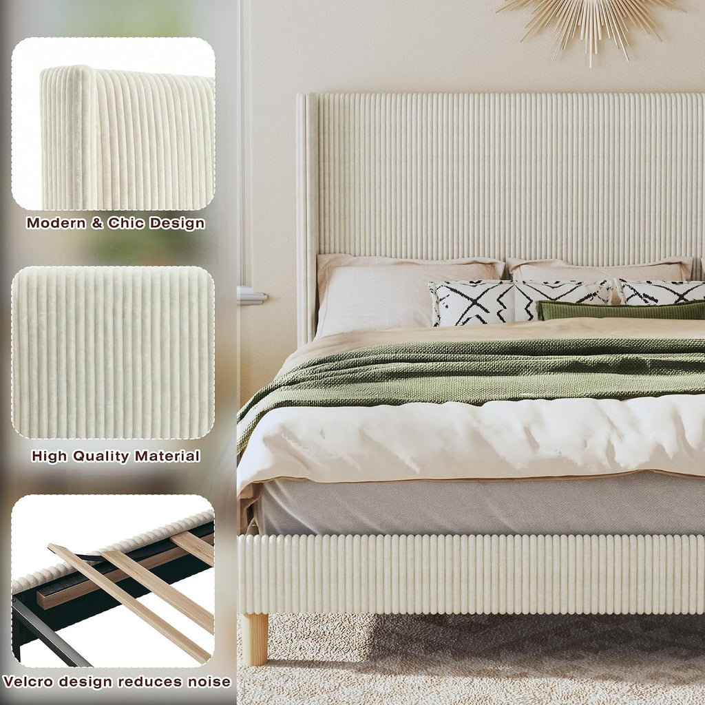HUAHUU Queen Bed Frame with 51.2' Tall Headboard, Corduroy Upholstered Bed Frame with Wingback, Platform Bed with Wooden Slats Support, Easy Assembly, No Box Spring Needed, Beige
