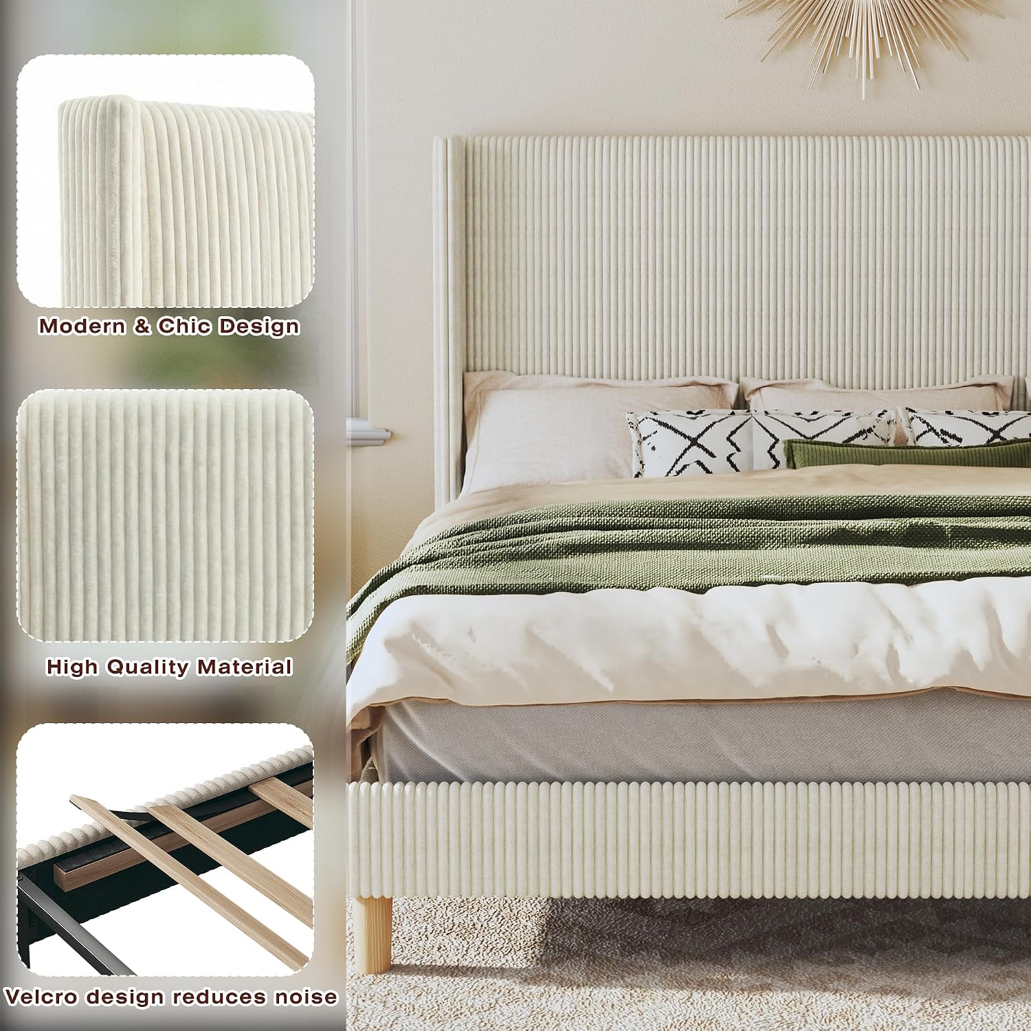 HUAHUU Queen Bed Frame with 51.2' Tall Headboard, Corduroy Upholstered Bed Frame with Wingback, Platform Bed with Wooden Slats Support, Easy Assembly, No Box Spring Needed, Beige