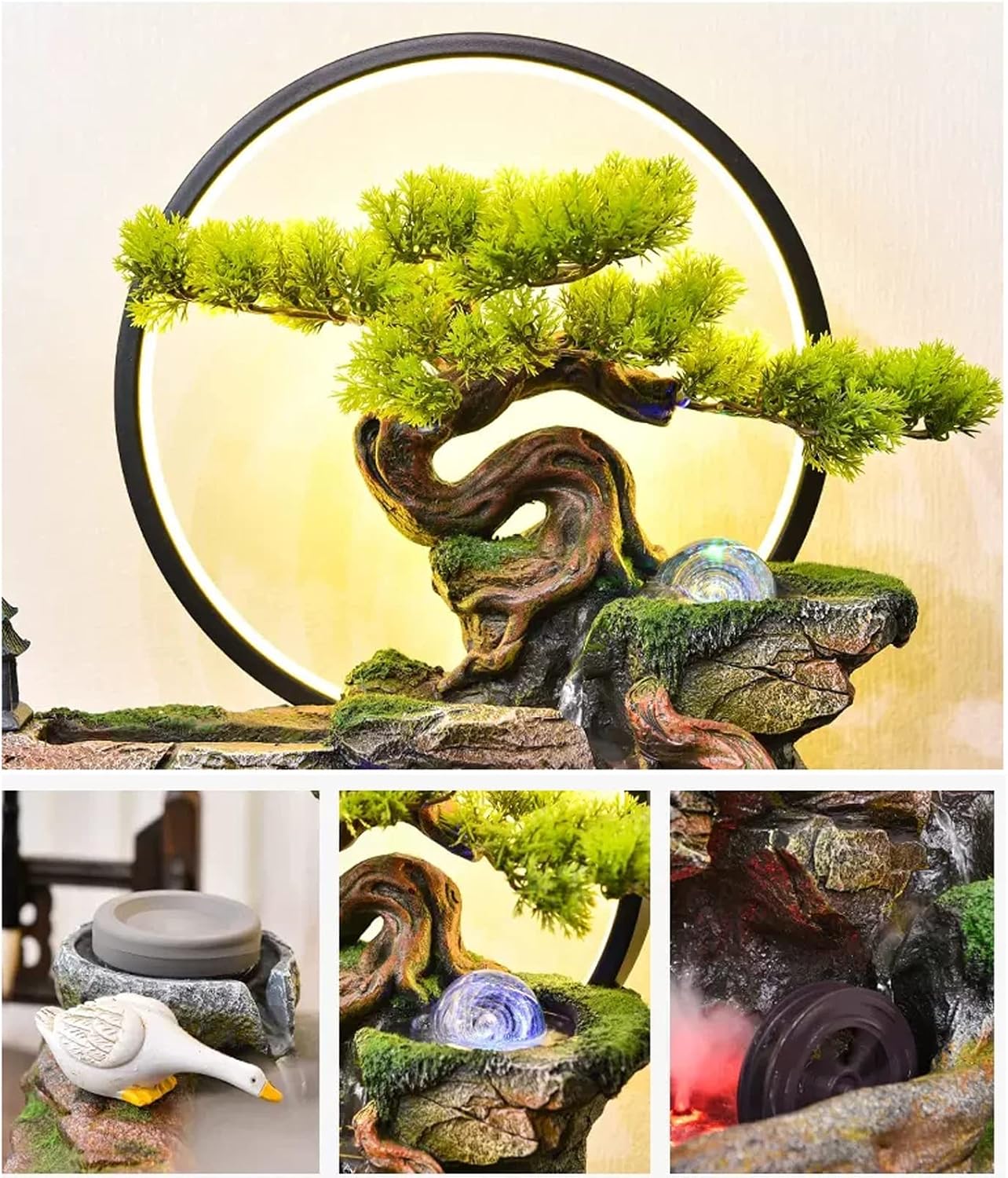 Tabletop Fountains Tabletop Water Fountain Indoor Waterfalls Fountains Decorative Tabletop Fountain with LED Light Artificial Bonsai Tree Design Best Home Gifts for Parents or Friends Meditation Fount