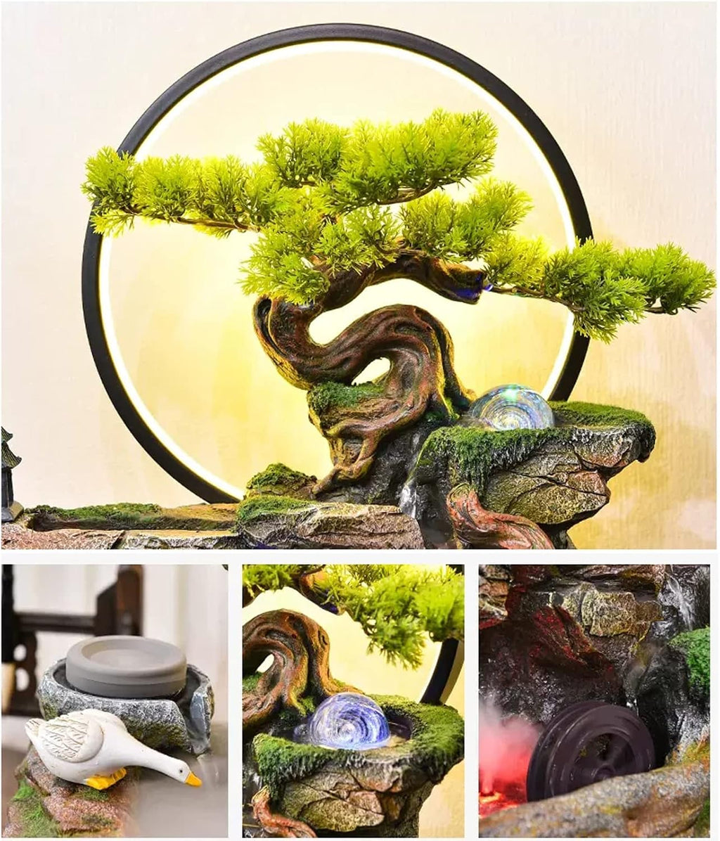 Indoor Fountains Tabletop Water Fountain Indoor Waterfalls Fountains Decorative Tabletop Fountain with LED Light Artificial Bonsai Tree Design Best Home Gifts for Parents or Friends Indoor Waterfall(S