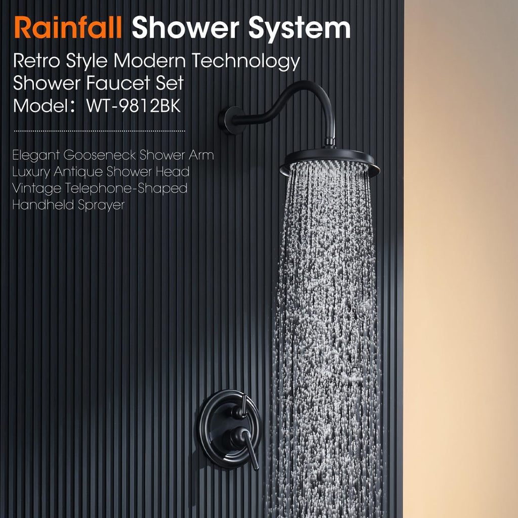 Rainfall Shower Head System with Pressure Balance Valve 9 Inch Bathroom Luxury Rain Mixer Shower Combo Set Wall Mounted Antique Shower Faucet Sets with Vintage Handheld Spray Matte Black