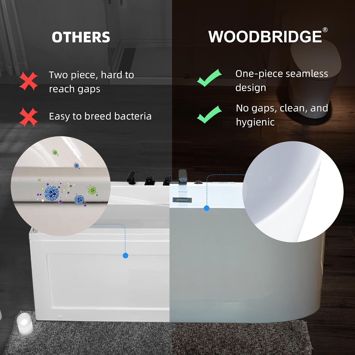 WOODBRIDGE 59' x 31-1/2' Whirlpool and Air Bath Heated Soaking Combination Tub with Adjustable Speed Air Blower, Tub Filler, and LED control panel, Matte Black Finish Trim and Drain Kit, BM100+F0051MB