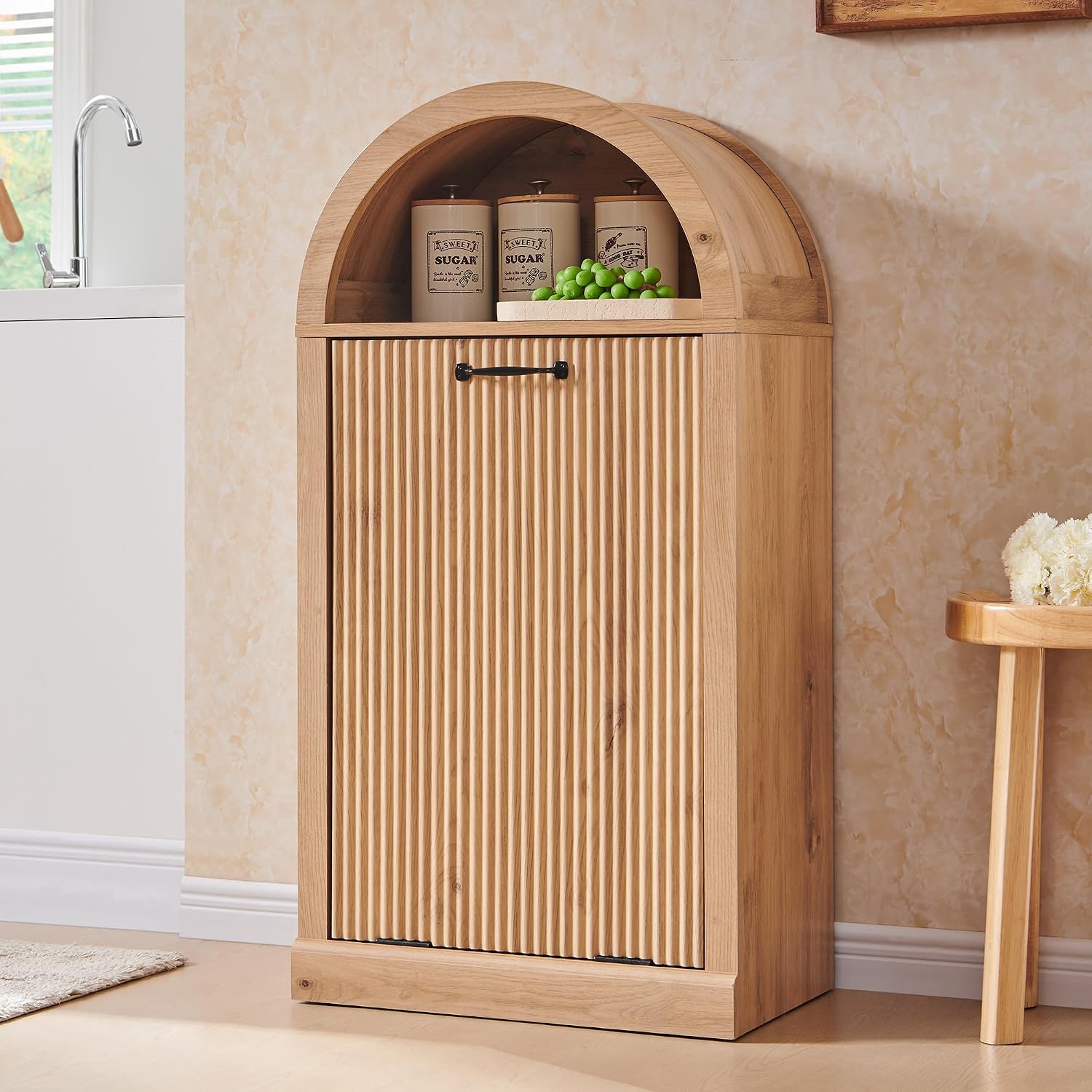 IFGET Arched Tilt-Out Trash Can Cabinet, Fluted 10 Gallon Trash Can Cabinet Set of 2, Modern Laundry Hamper, Hidden Garbage with Storage Basket for Kitchen, Living Room, Natural