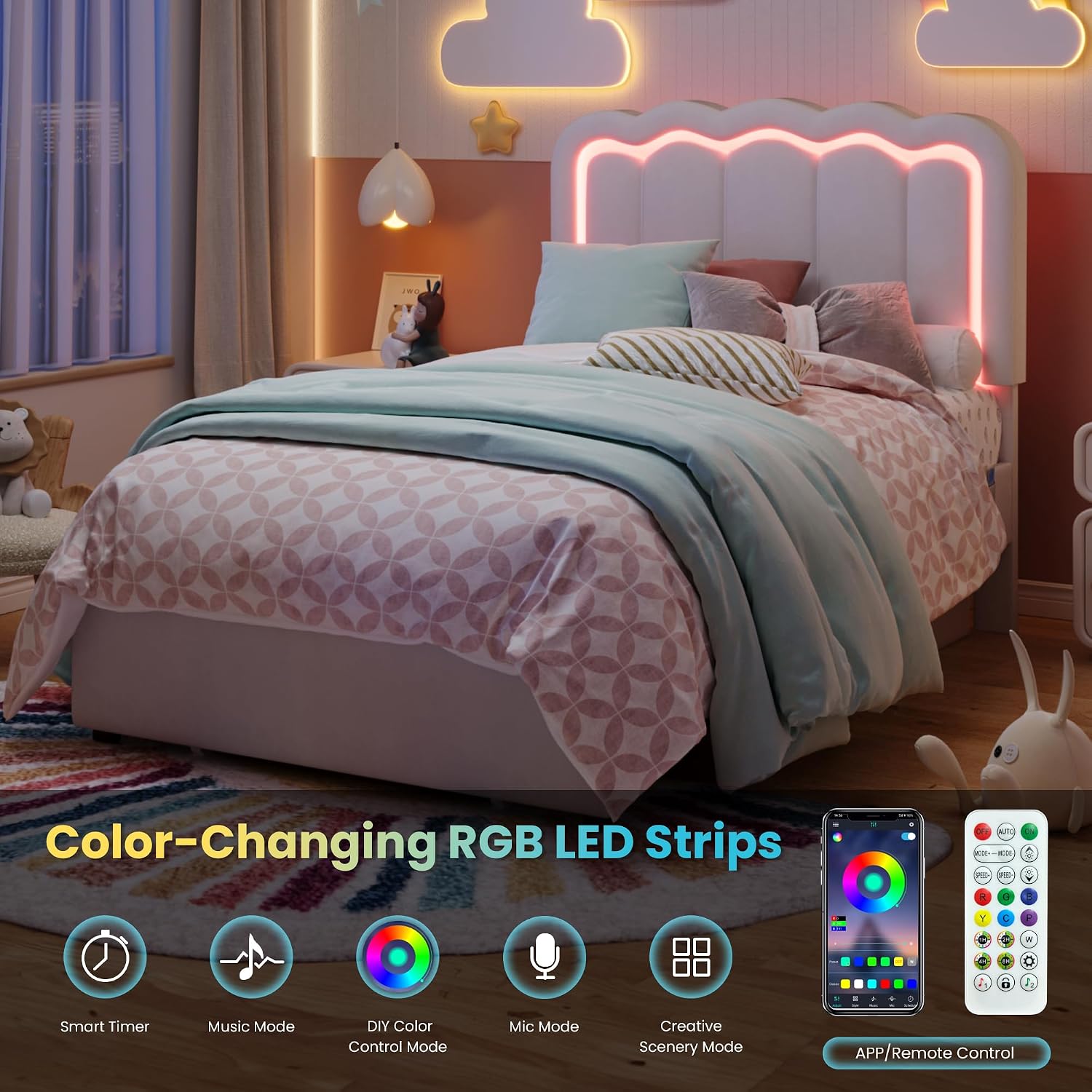 SHA CERLIN Upholstered Twin Size Bed Frame with LED Lights and Large Storage Drawer, Velvet Platform Bed with Adjustable Wavy Headboard, Noise Free, Easy Assembly, No Box Spring Needed, Soft White