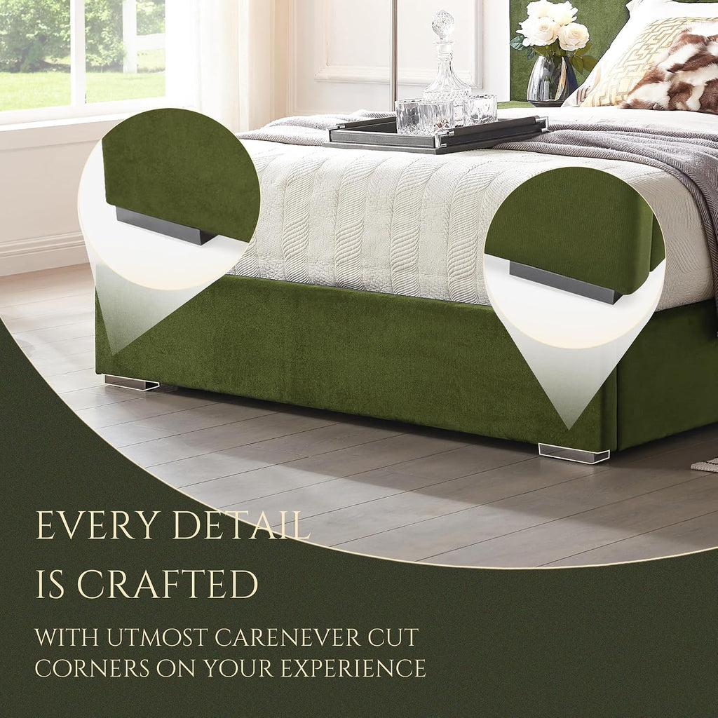 Luxurious Queen Platform Bed Frame, Velvet Upholstered Headboard with 2 Built-in Wall Sconces & Nightstands, Sturdy Metal & Solid Wood Frame, Squeak-Free, No Box Spring Needed, Olive Green