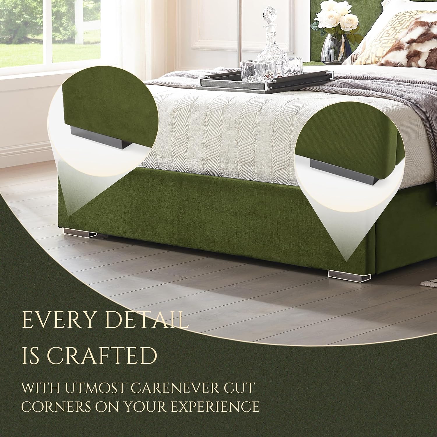 Luxurious Queen Platform Bed Frame, Velvet Upholstered Headboard with 2 Built-in Wall Sconces & Nightstands, Sturdy Metal & Solid Wood Frame, Squeak-Free, No Box Spring Needed, Olive Green