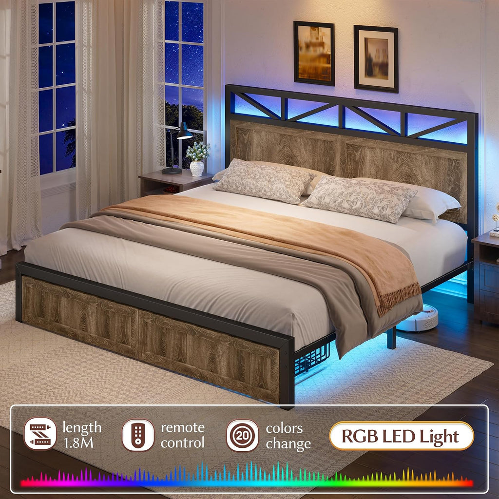 EnHomee Metal Bed Frame Queen Size with 2 Storage Drawers and Headboard,LED Lights, Built in Charging Station,NO Noise,No Box Spring Needed,Grey