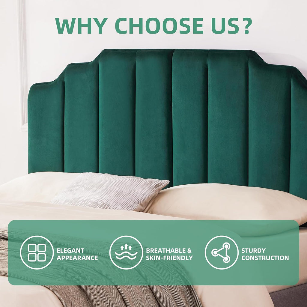 Huatean Home Velvet Upholstered Headboard Queen, Tufted Headboard, Elegantly Curved Queen headboard only,Soft Padded headboards, Modern Vertical Channel Design Head Board, Dark Green