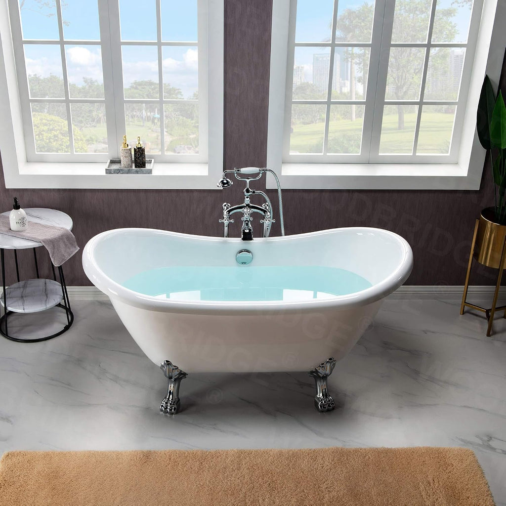 WOODBRIDGE 59' Heavy Duty Acrylic Double Slipper Clawfoot Bath Tub with Chrome Feet + Chrome Drain &Overflow