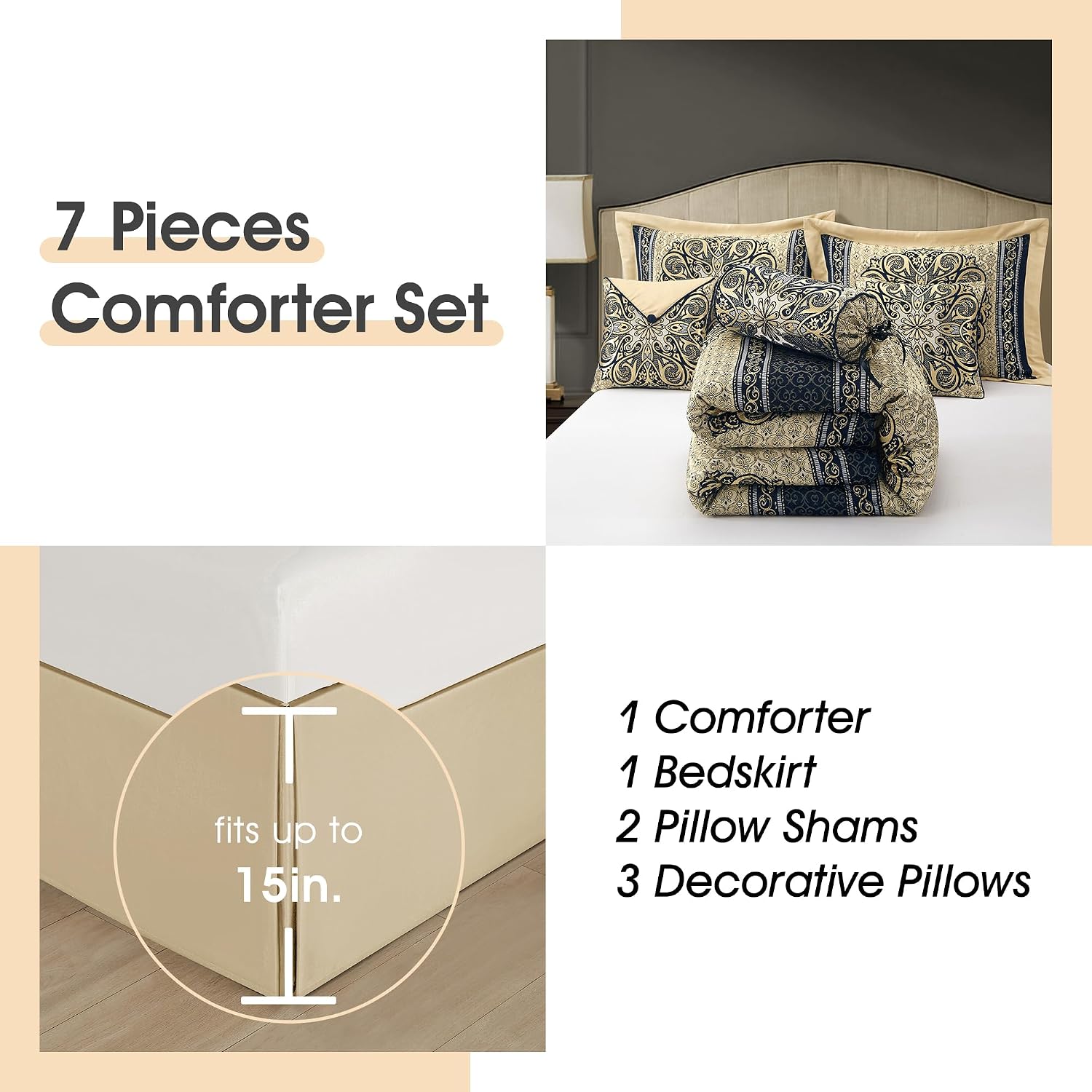 LANCO MODERN LIFESTYLE King Size Comforter Set, Navy Medallion Jacquard Design, Luxurious Bohemian 7 Pieces Bedding Set with Decorative Pillows and Bed Skirt