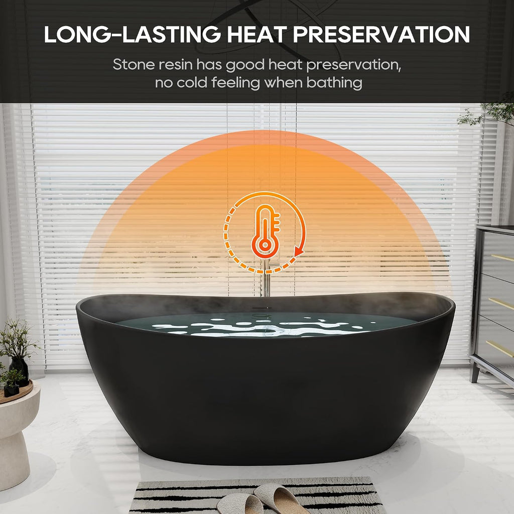 SJ STAR&JANE 65' Solid Surface Freestanding Bathtub Stone Resin Soaking Tub Matte Black Double Slippers Stand Alone Oval Tub with Pop-up Drain and Overflow for Bathroom