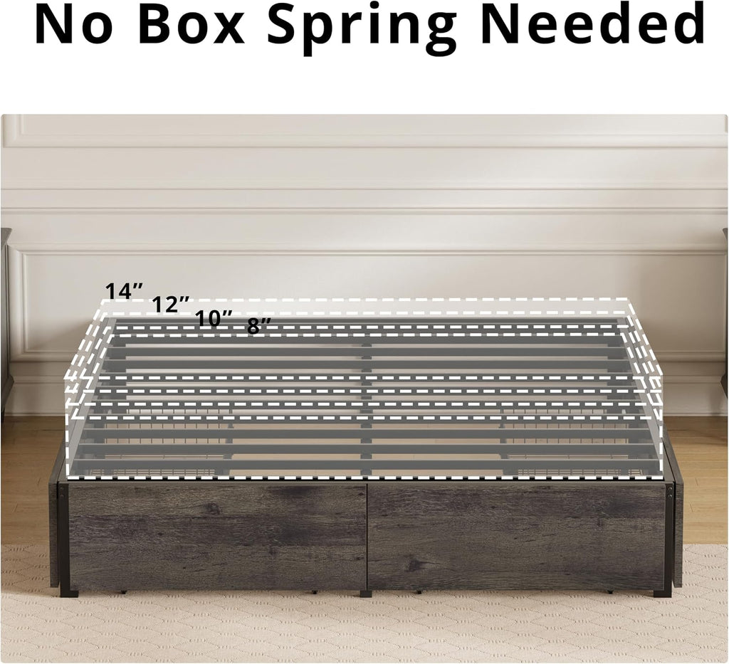 LIKIMIO Queen Bed Frame with Storage, 4 Drawers and Heavy Strong Metal Support Frames, Solid Stable, Noise-Free, No Box Spring Needed, Easy Assembly, Charcoal Grey