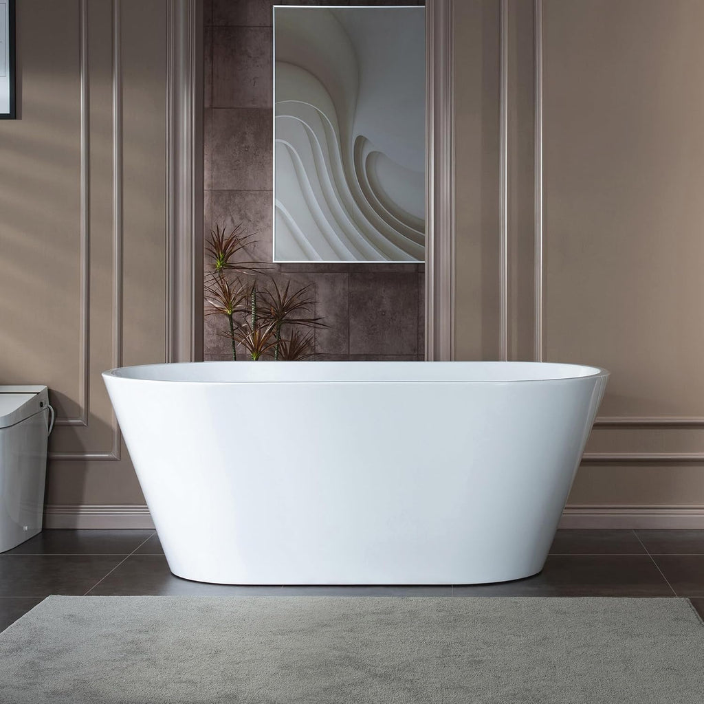 WOODBRIDGE 59' Acrylic Freestanding Bathtub Contemporary Soaking White Tub with Chrome Overflow and Drain