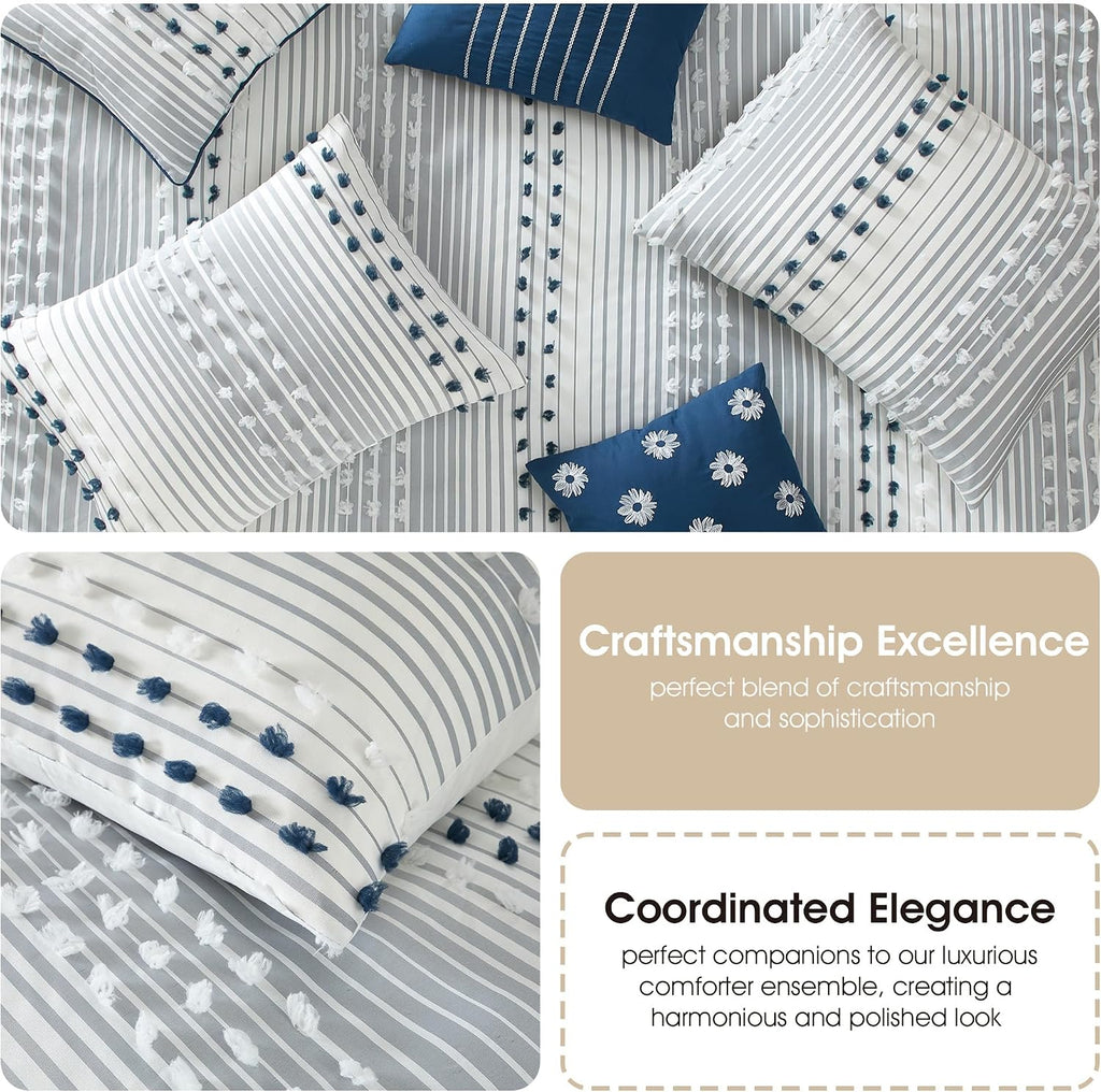 Stratford Park Blue Striped Dots King Size Comforter Sets, 7 Piece, Jaquard & Clip Bedding Sets & Collections, Bedskirt, Pillows & Shams, All Season Bedding Set