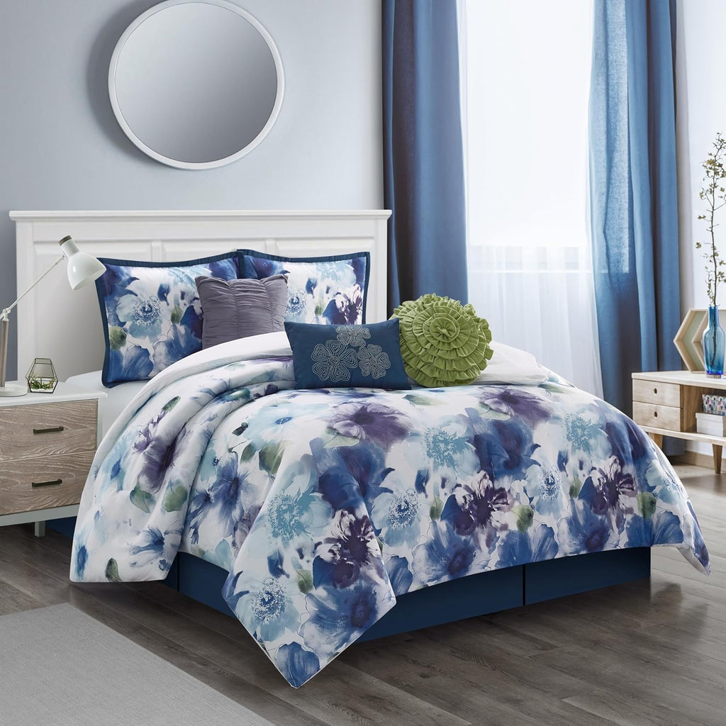 Grand Avenue Blue/Purple California King Comforter Set, 7 Piece, Ultra Soft, Premium Microfiber, Bedskirt, Pillows & Shams