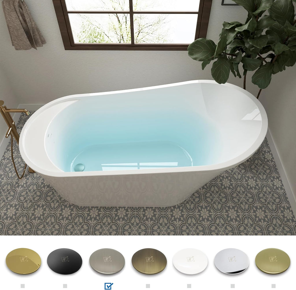 FerdY Langkawi 59' Acrylic Freestanding Bathtub, White Modern Stand Alone Soaking Bathtub, cUPC Certified, Brushed Nickel Drain and Minimalist Linear Design Overflow Included