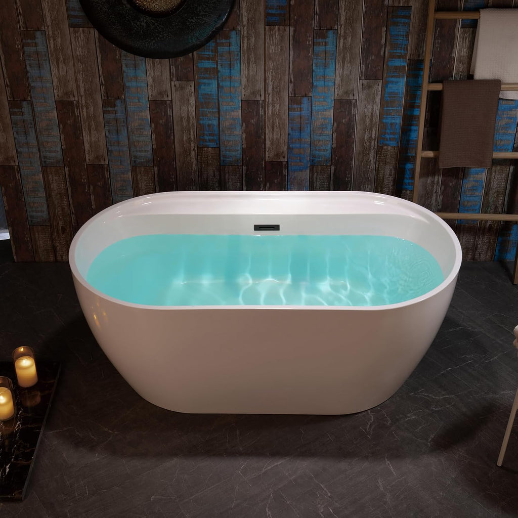 WOODBRIDGE 59' Acrylic Freestanding Bathtub Contemporary Soaking White Tub with Matte Black Overflow and Drain,White,B0064 MB