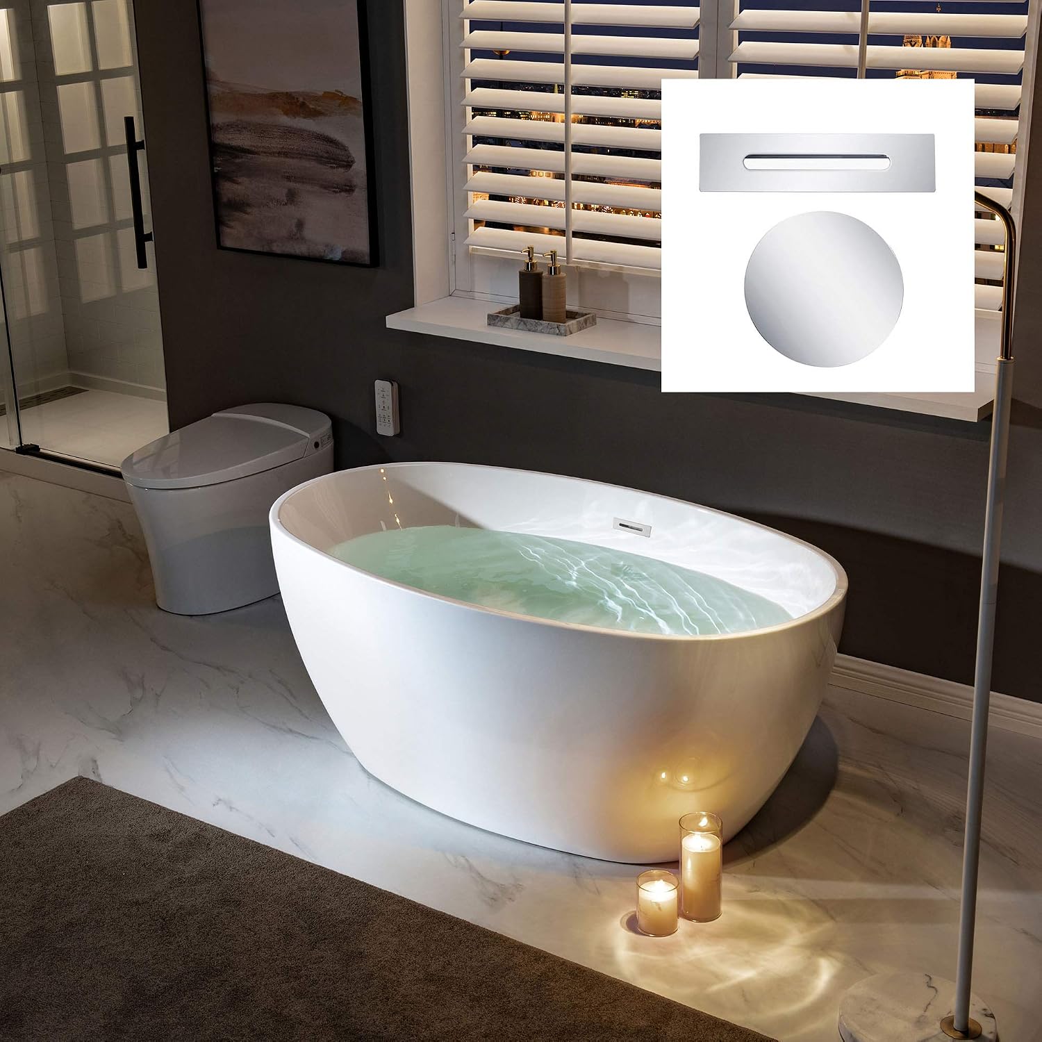 WOODBRIDGE 55' Acrylic Freestanding Bathtub Contemporary Soaking White Tub with Chrome Overflow and Drain，BTA1418 -C-Drain &O