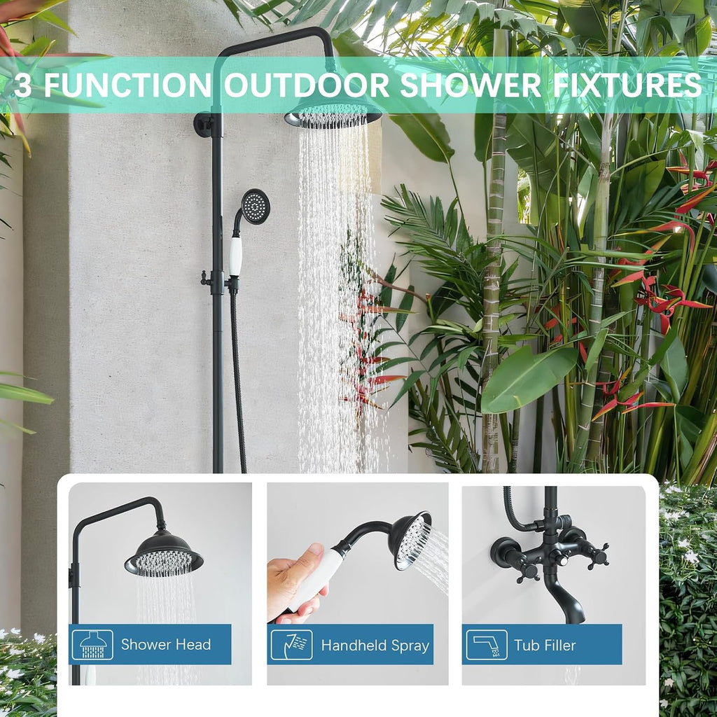Shower System Matte Black Outdoor Shower Fixtures with 8 Inch Shower Head Handheld Spray and Tub Spout 2 Cross Handles Wall Mounted Shower Faucet Set for Bathroom or Backyard