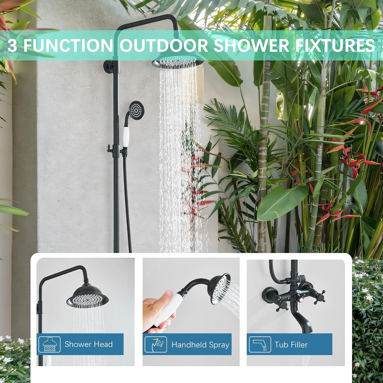 Shower System Matte Black Outdoor Shower Fixtures with 8 Inch Shower Head Handheld Spray and Tub Spout 2 Cross Handles Wall Mounted Shower Faucet Set for Bathroom or Backyard