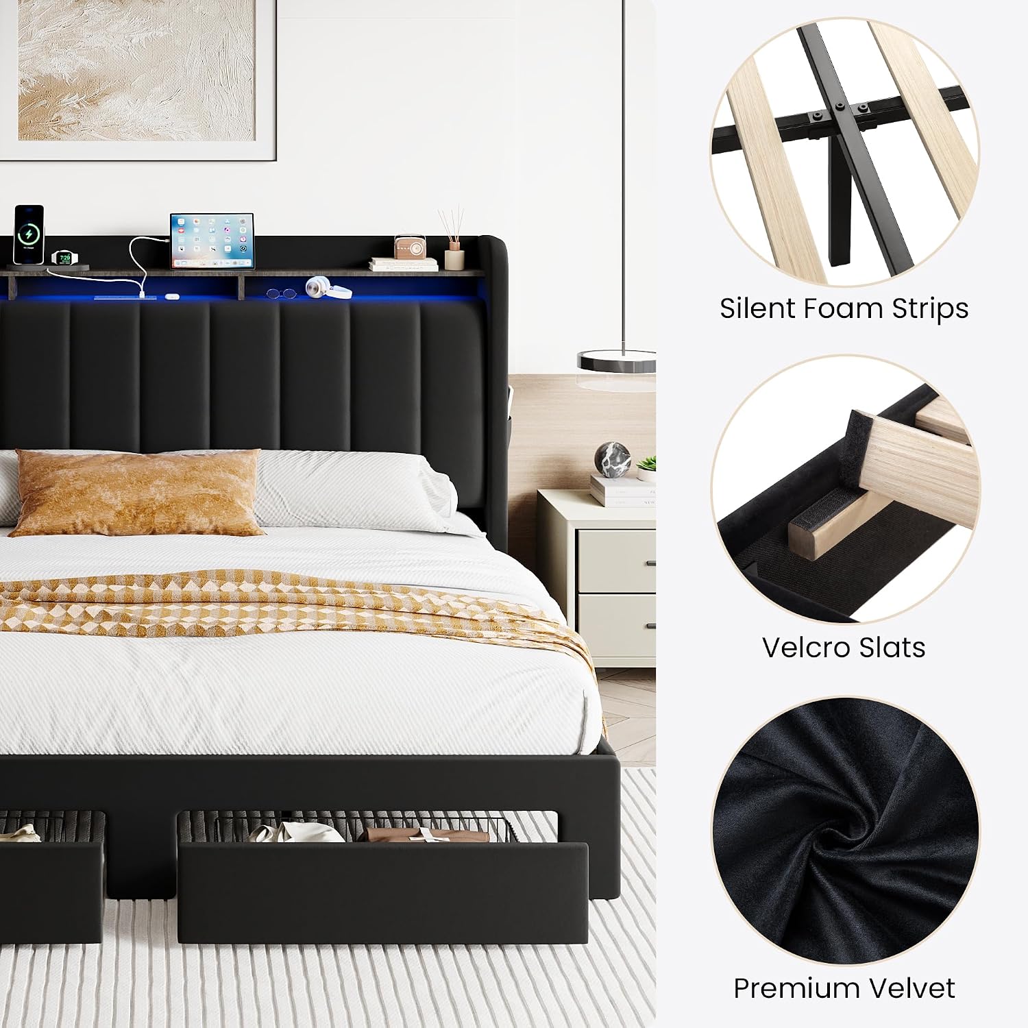 SHA CERLIN Velvet King Size Bed Frame with Vertical Channel Tufted Wingback Headboard & 2 Storage Drawers/2-Tier Shelves with LED Lights & Charging Station/Noise-Free/No Box Spring Needed/Black