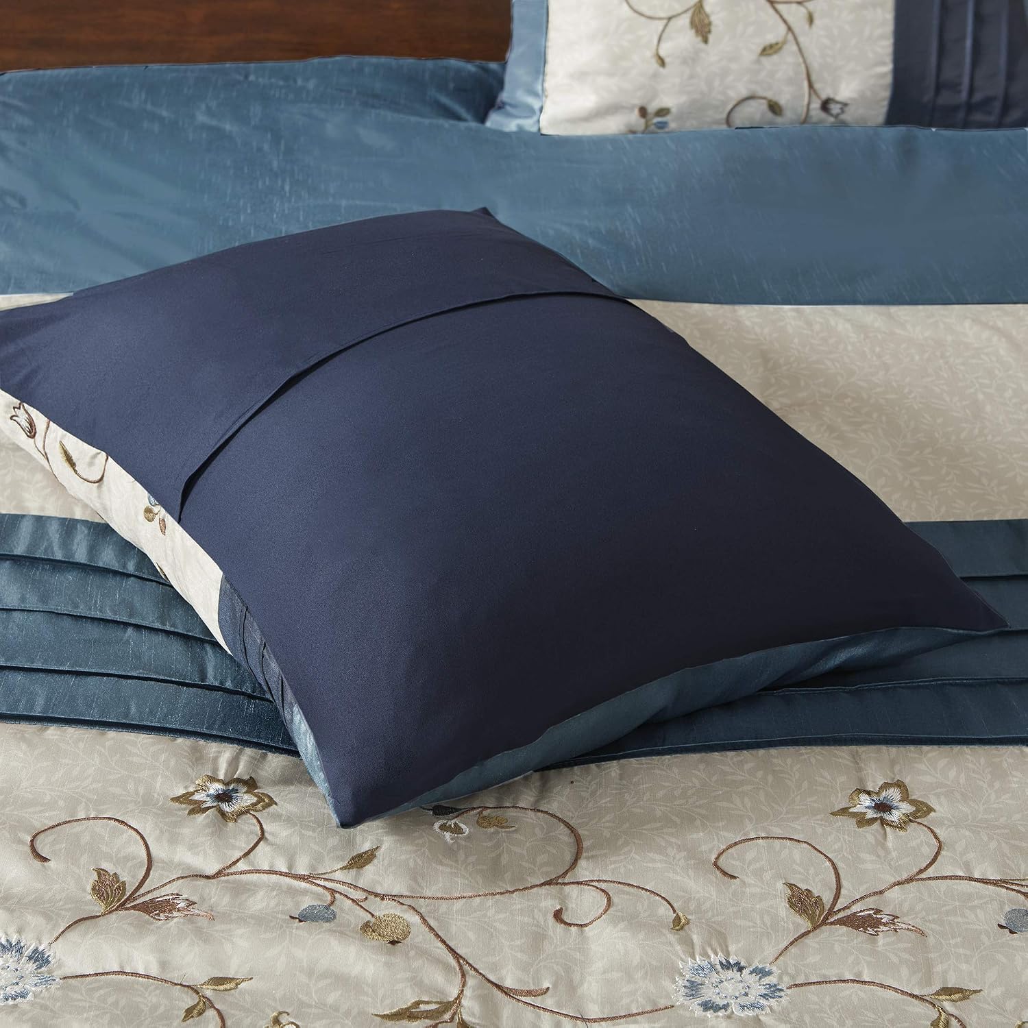 Madison Park Serene Faux Silk Comforter Set - Floral Embroidery Design, All Season Bedding Set, Matching Bed Skirt, Decorative Pillows, Navy Cal King(104'x92') 7 Piece