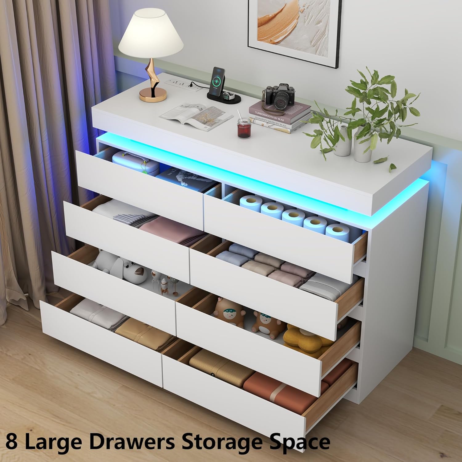 Gyfimoie 8 Drawer Dresser with Power Outlet, Dresser with LED Light, Modern Chest of Drawers for Closet, Double Wide Drawer Organizer Cabinet for Bedroom, Living Room (White, 8 Drawers)