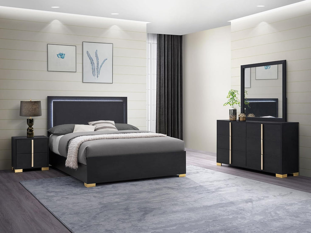 Coaster Home Furnishings Marceline Contemporary 4-Piece Bedroom Set Queen Size LED Panel Bed Frame 51-inch Headboard Black 222831Q-S4