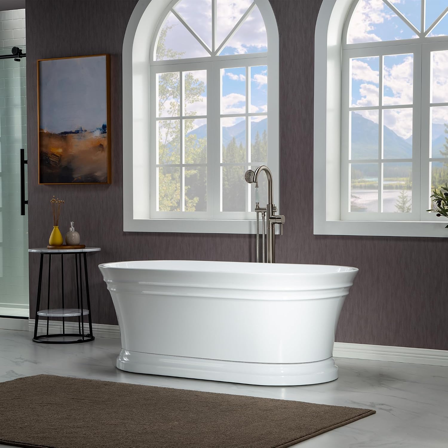 WOODBRIDGE 59'Freestanding White Acylic Soaking Bathtub with Matte Black Drain and Overflow,B1536-MB
