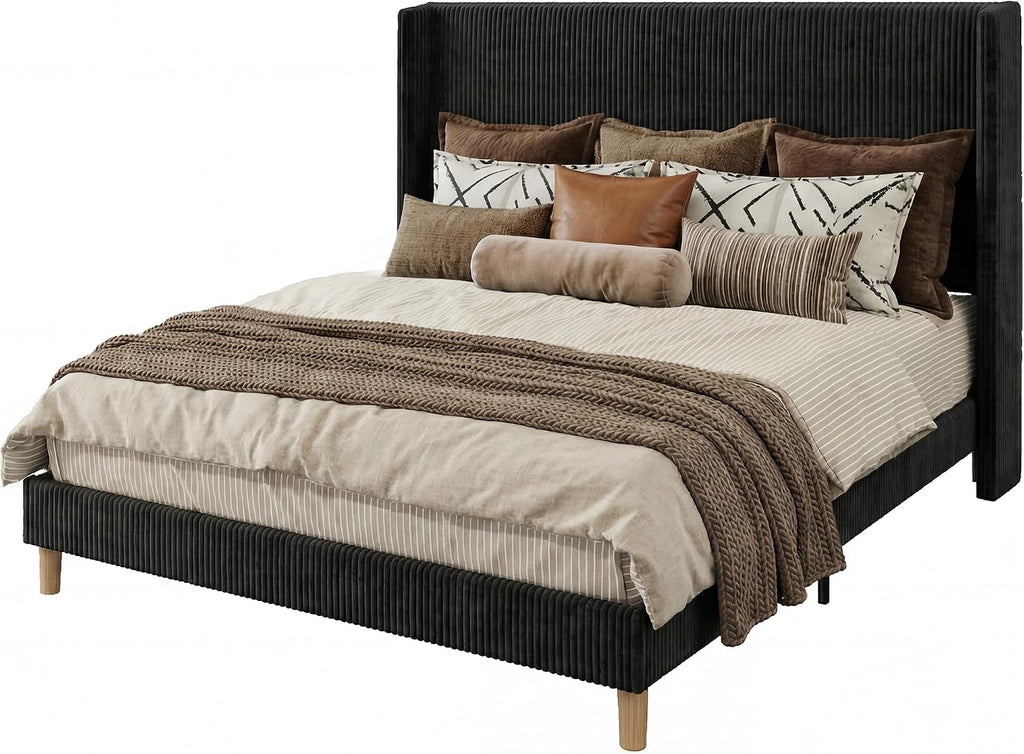 HUAHUU Queen Bed Frame with 51.2' Tall Headboard, Corduroy Upholstered Bed Frame with Wingback, Platform Bed with Wooden Slats Support, Easy Assembly, No Box Spring Needed, Black