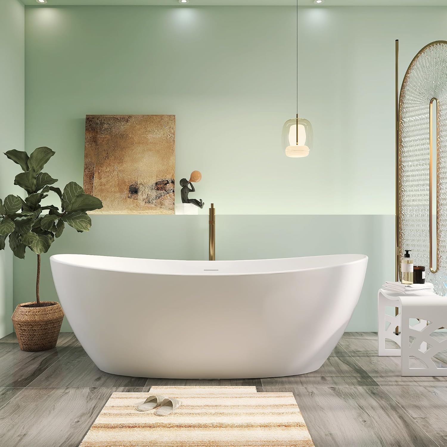 73' Premium Solid Surface Freestanding Bathtub, Contemporary Design Stand Alone Stone Resin Tub with Overflow and Pop-up Drain, Matte White