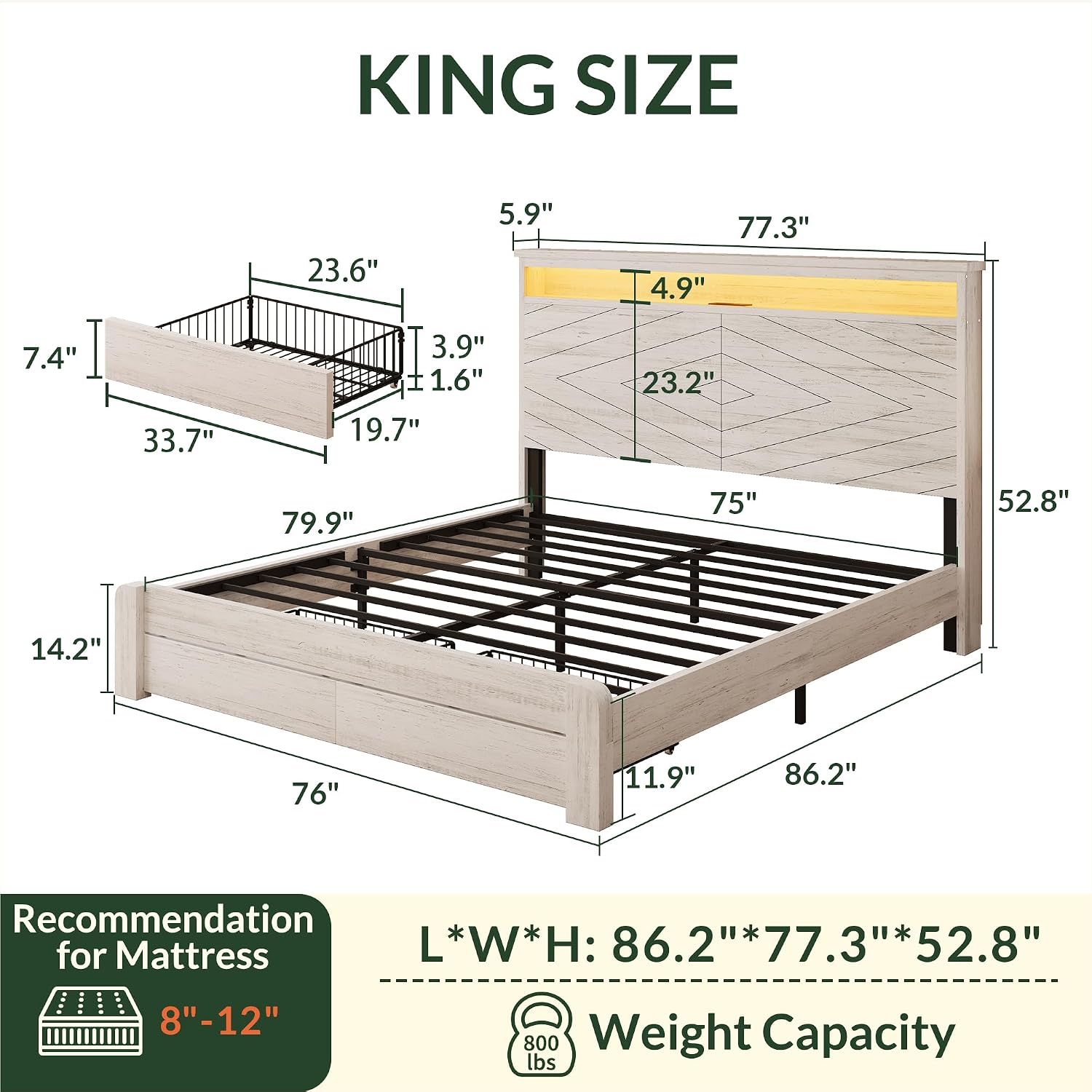 LARMACE King Size Bed Frame with 2 Storage Drawers and Headboard Wooden Platform Bed Frame with LED Lights and Charging Station Easy Assembly/No Box Spring Needed/White