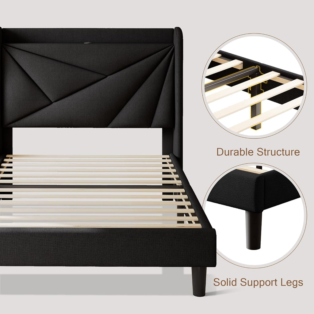 Einhomn Twin Size Upholstered Bed Frame with Charging Station, Platform Bed Frame with Storage Headboard, Solid Wood Slats Support, No Box Spring Needed, Black