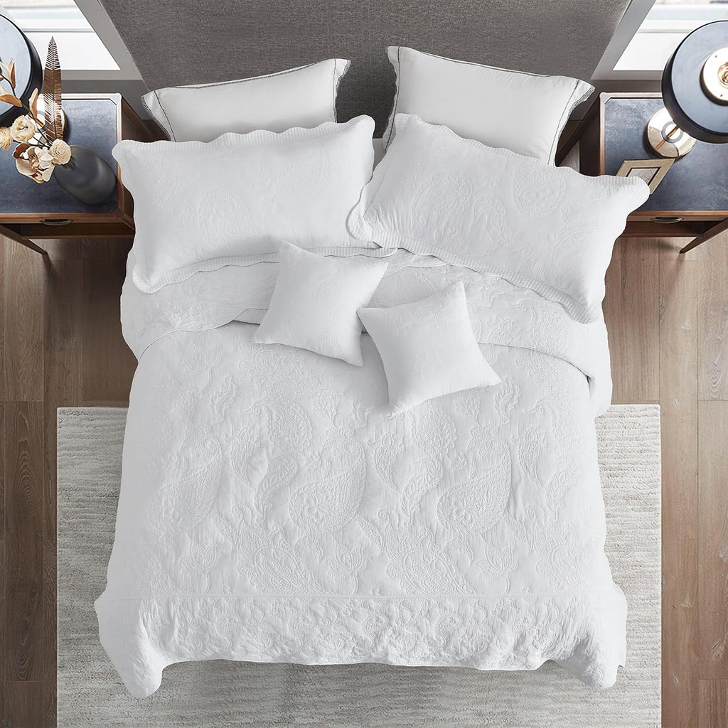 Oversized King Bedspread Cotton, Reversible Paisley Pattern Design, Lightweight Bedding Cover, 5 Piece Set, Pure White