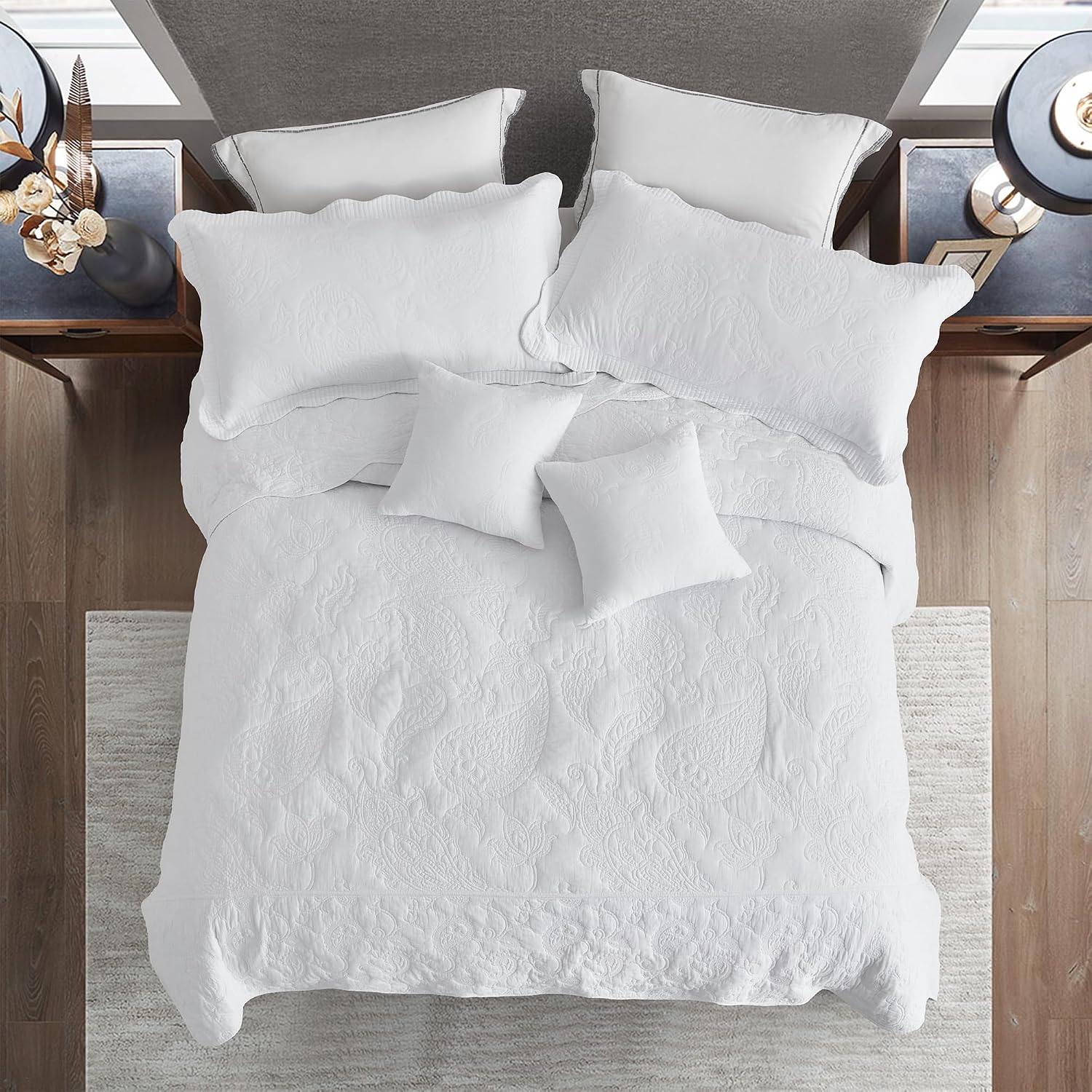 Oversized King Bedspread Cotton, Reversible Paisley Pattern Design, Lightweight Bedding Cover, 5 Piece Set, Pure White